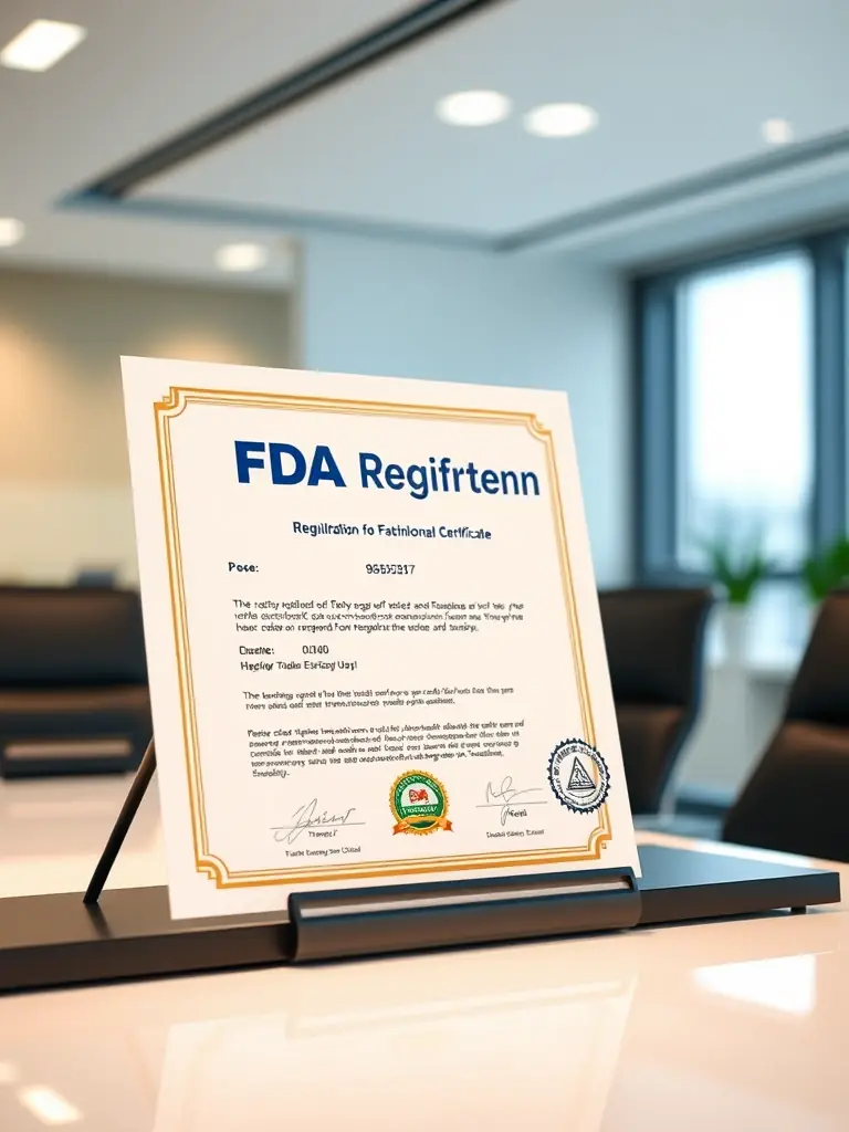 An FDA registration certificate displayed prominently, symbolizing compliance and adherence to regulatory standards in vape manufacturing.