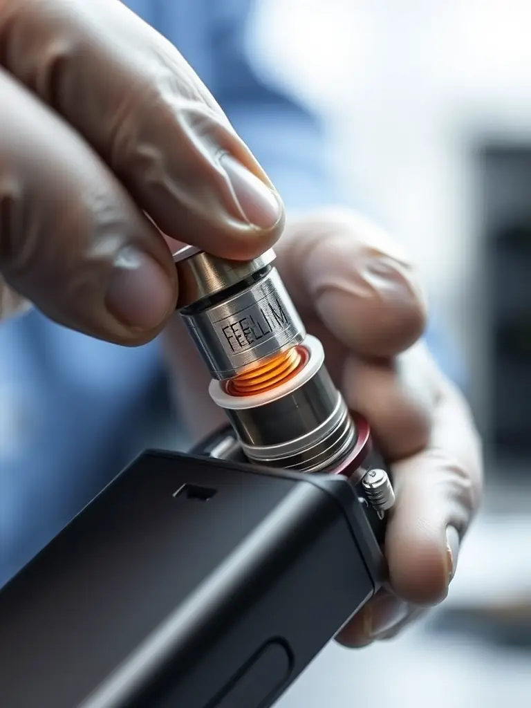 A close-up shot of a FEELM ceramic heating core being integrated into a vape device, highlighting the advanced technology used in the manufacturing process.