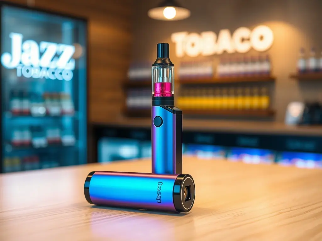 A high-quality image of a sleek, modern disposable vape pen with a metallic finish, highlighting its compact design and ease of use. The background is a blurred cityscape, suggesting urban lifestyle appeal.
