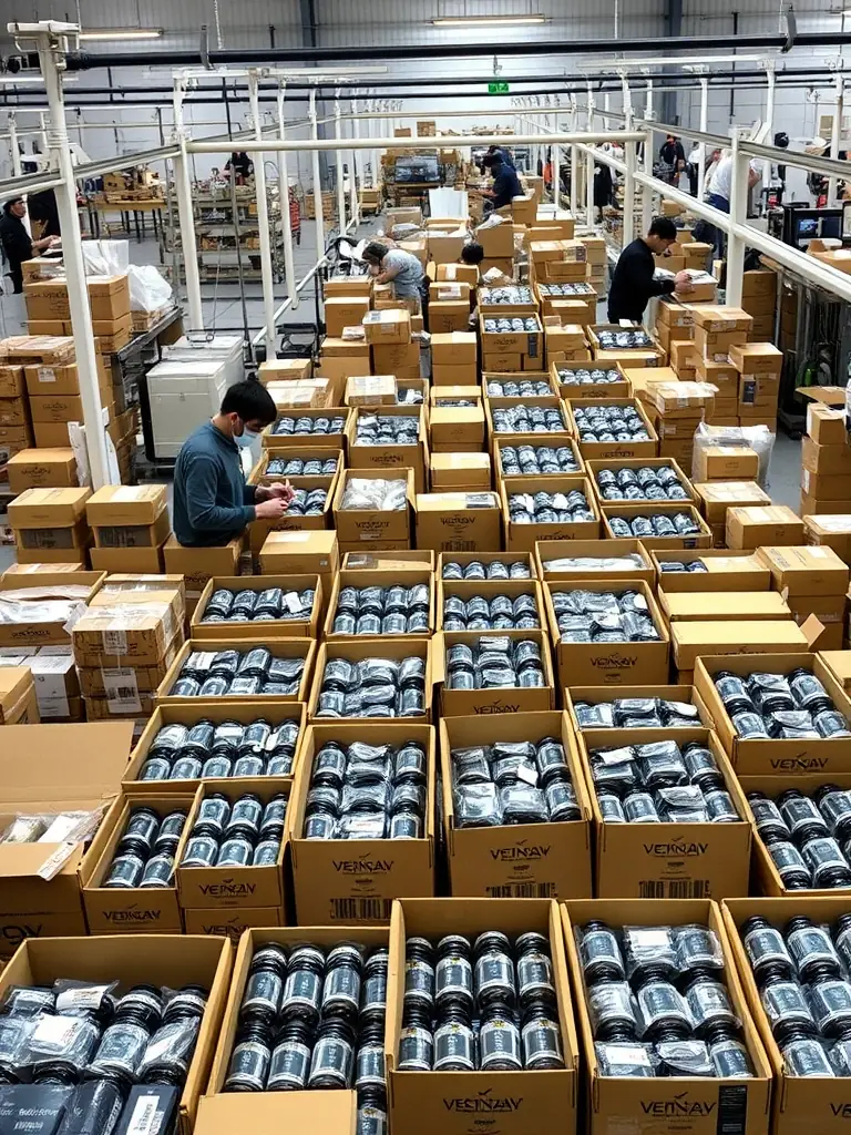 A clean, modern vape manufacturing facility with advanced machinery and quality control processes, emphasizing cleanliness and technological advancement.