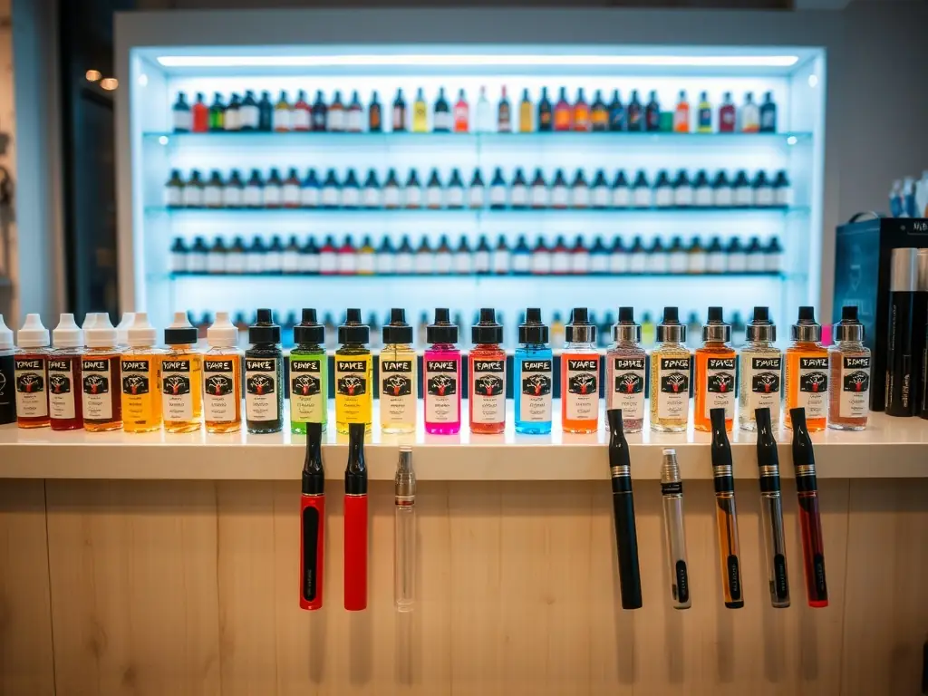 A diverse range of vape products, including disposable vapes and pod systems, displayed in an organized and appealing manner.