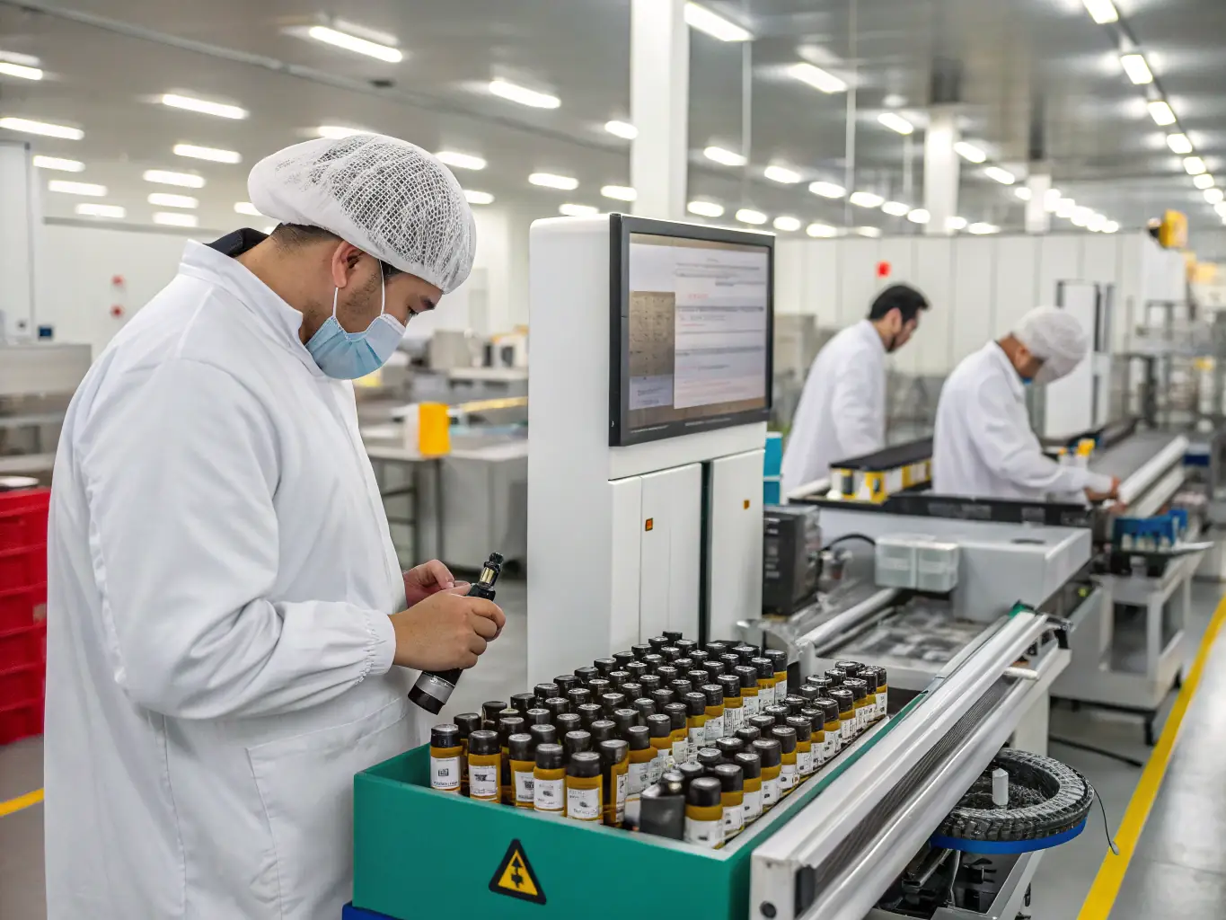 A cleanroom environment where vape components are being inspected and tested for quality and compliance.