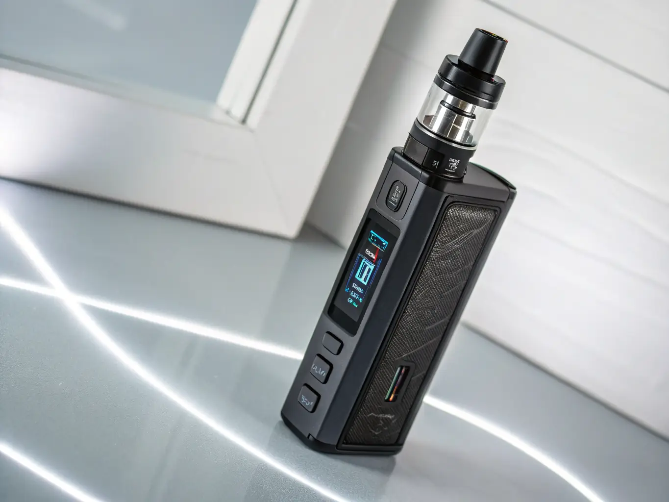 A detailed image of a pod system vape, showcasing its refillable pod, adjustable airflow, and ergonomic design. The background is a clean, minimalist studio setting.